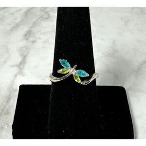 Sterling Silver Butterfly Ring with Teal and Green CZ Wings - Sweet - Size 8